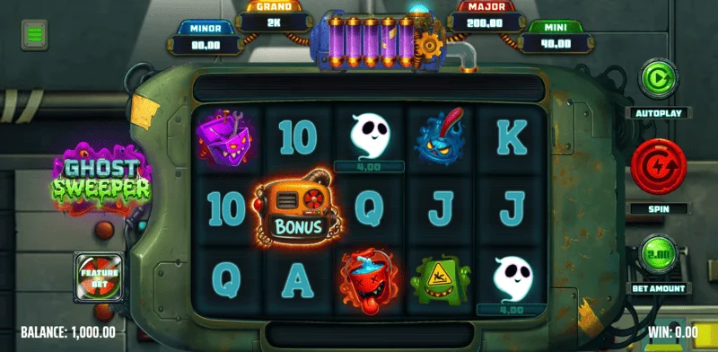 Ghost Sweeper - основен екран на играта с мрежа 5x3